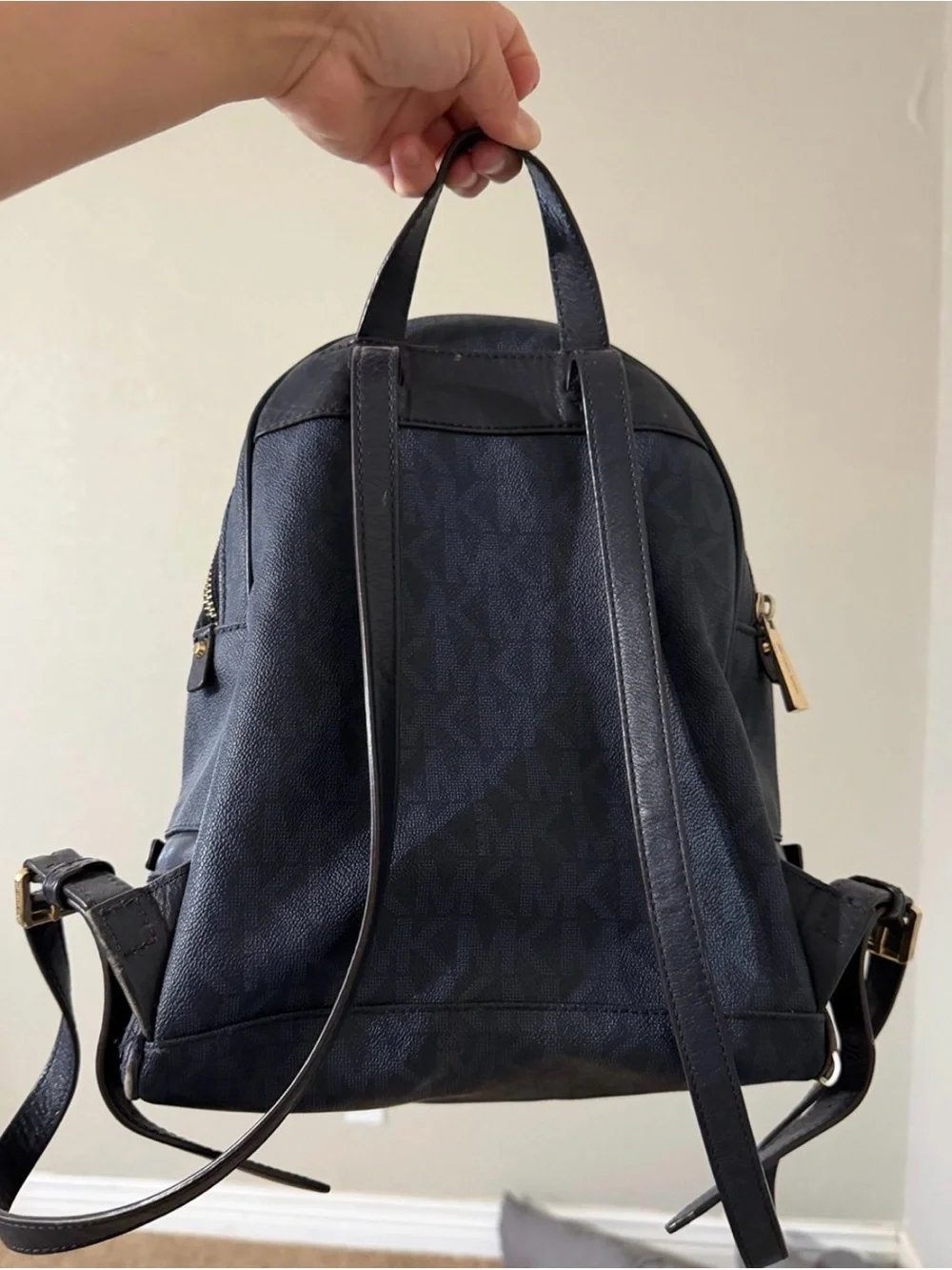 Michael Kors Black Logo-Print Mini Backpack with Gold Hardware